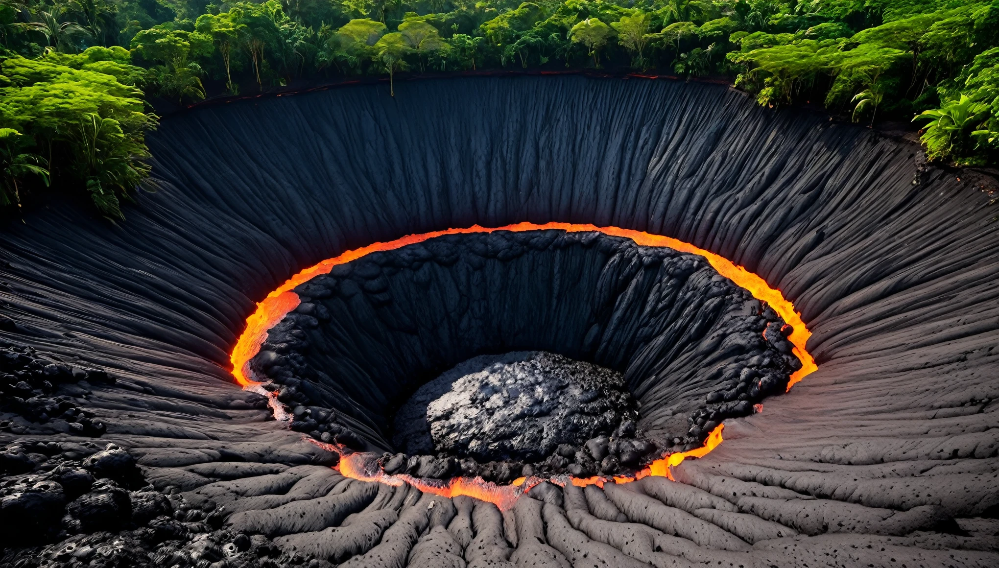a natural crater in the center of a tropical jungle. The crater is a massive lava pit, the lava is bursting, lava geysers.