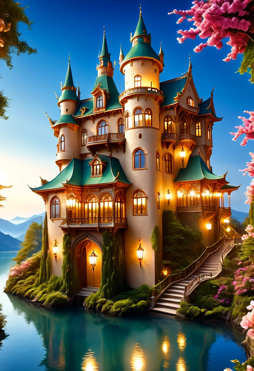 (a dreamy, enchanting castle),(magical, surreal),(vibrant colors),(soft, romantic lighting),(detailed architecture),(fluffy, floating clouds),(majestic, towering turrets),(ornate, intricately carved doors and windows),(lush, green gardens),(mysterious, winding pathways),(sparkling, reflective moat),(dreamlike atmosphere),(fairy-tale setting),(delicate, blooming flowers),(twinkling stars in the night sky),(whimsical, floating lanterns),(glowing, stained glass windows),(shimmering, iridescent surfaces),(impressive, grand staircase),(peaceful, serene ambience).