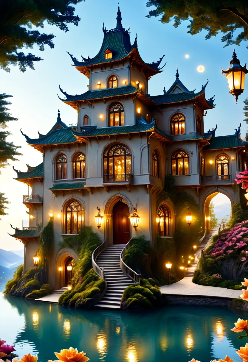 (a dreamy, enchanting castle),(magical, surreal),(vibrant colors),(soft, romantic lighting),(detailed architecture),(fluffy, floating clouds),(majestic, towering turrets),(ornate, intricately carved doors and windows),(lush, green gardens),(mysterious, winding pathways),(sparkling, reflective moat),(dreamlike atmosphere),(fairy-tale setting),(delicate, blooming flowers),(twinkling stars in the night sky),(whimsical, floating lanterns),(glowing, stained glass windows),(shimmering, iridescent surfaces),(impressive, grand staircase),(peaceful, serene ambience).