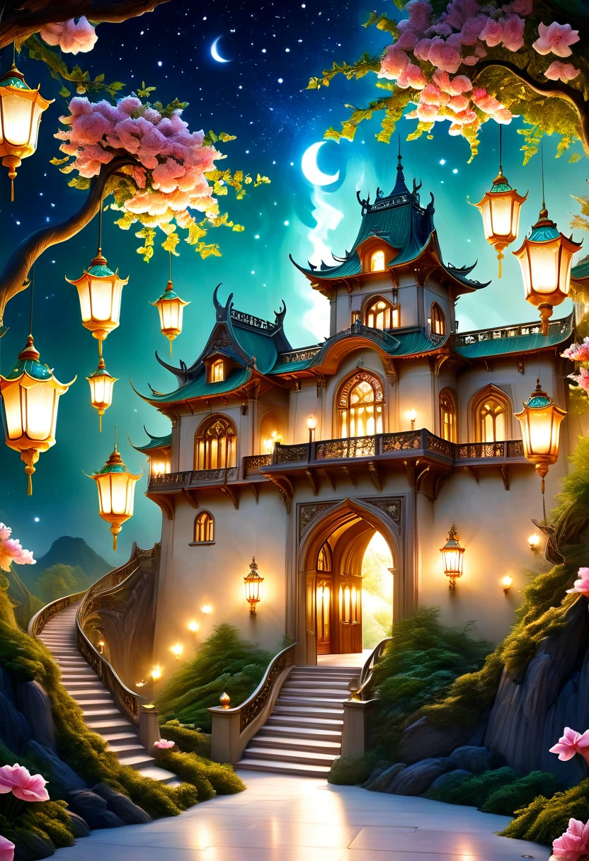 (a dreamy, enchanting castle),(magical, surreal),(vibrant colors),(soft, romantic lighting),(detailed architecture),(fluffy, floating clouds),(majestic, towering turrets),(ornate, intricately carved doors and windows),(lush, green gardens),(mysterious, winding pathways),(sparkling, reflective moat),(dreamlike atmosphere),(fairy-tale setting),(delicate, blooming flowers),(twinkling stars in the night sky),(whimsical, floating lanterns),(glowing, stained glass windows),(shimmering, iridescent surfaces),(impressive, grand staircase),(peaceful, serene ambience).
