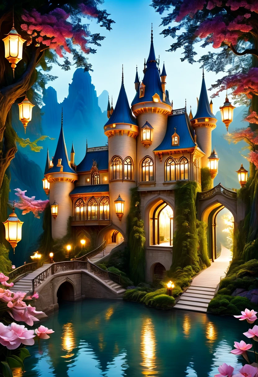 (a dreamy, enchanting castle),(magical, surreal),(vibrant colors),(soft, romantic lighting),(detailed architecture),(fluffy, floating clouds),(majestic, towering turrets),(ornate, intricately carved doors and windows),(lush, green gardens),(mysterious, winding pathways),(sparkling, reflective moat),(dreamlike atmosphere),(fairy-tale setting),(delicate, blooming flowers),(twinkling stars in the night sky),(whimsical, floating lanterns),(glowing, stained glass windows),(shimmering, iridescent surfaces),(impressive, grand staircase),(peaceful, serene ambience).