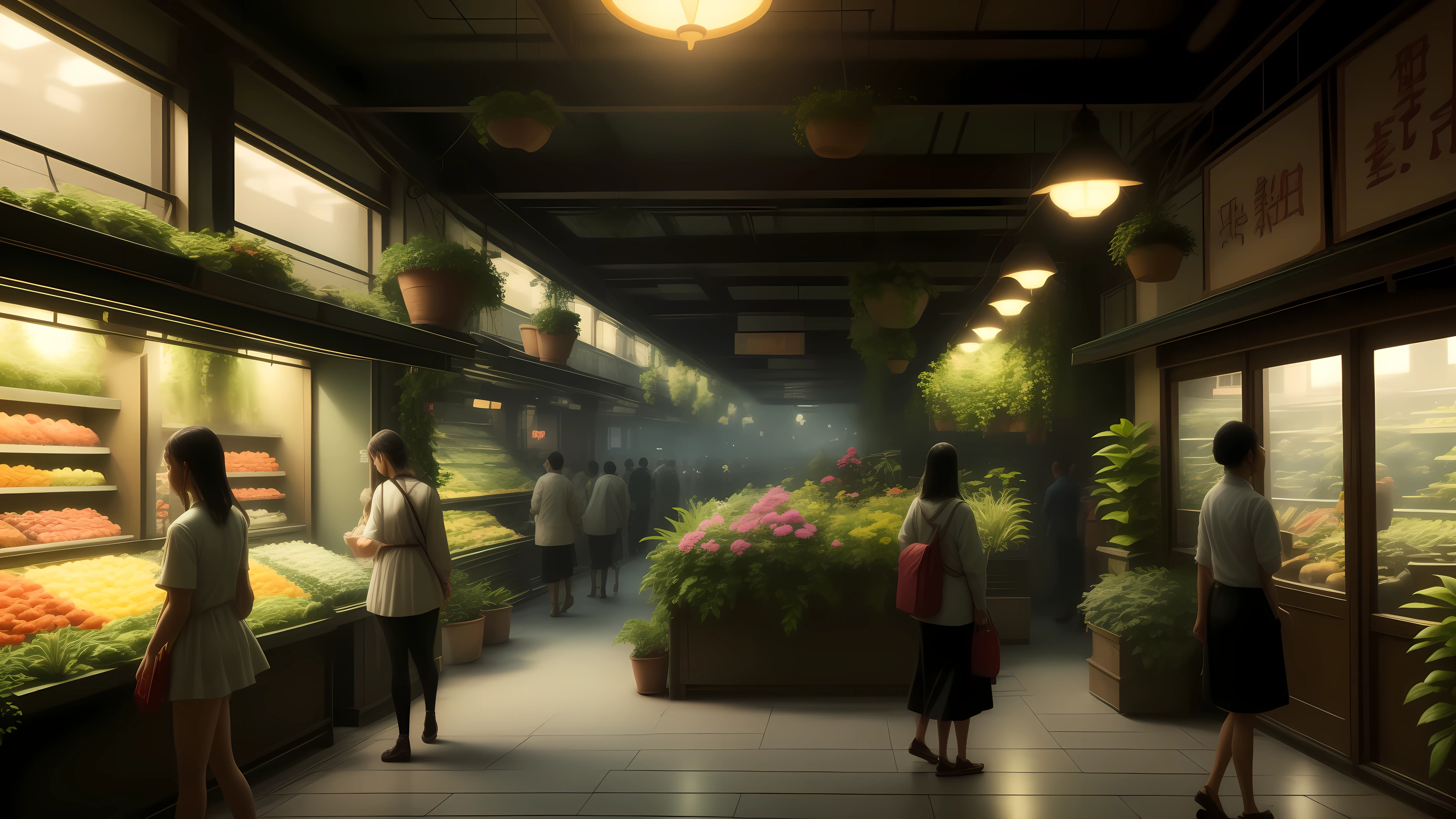 cartoon, Concept rendering of the indoor first floor vegetable market，Use large glass windows，Multiple stores，Vegetable stalls，(best quality，high resolution），（bright、bright coloreticulous、lifelike），Flowers hanging from the ceiling。The space is filled with green vegetables，Create a lush garden atmosphere。Full of Japanese lofi style. People walking peacefully on the sidewalk, The gentle bustle of the city blends with the relaxed atmosphere. Describe the scenario in detail, Neon lights that highlight signs and storefronts, And the figures of people walking gracefully on the narrow streets, Create a peaceful and mysterious feeling to this corner of Night City."