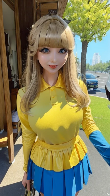 ((best quality)), ((muste piece)), (detailed face), (highlight), princess、Big breasts、blunt bangs、skyblue hair、Eyelash-emphasizing makeup、combat uniform、skirt、