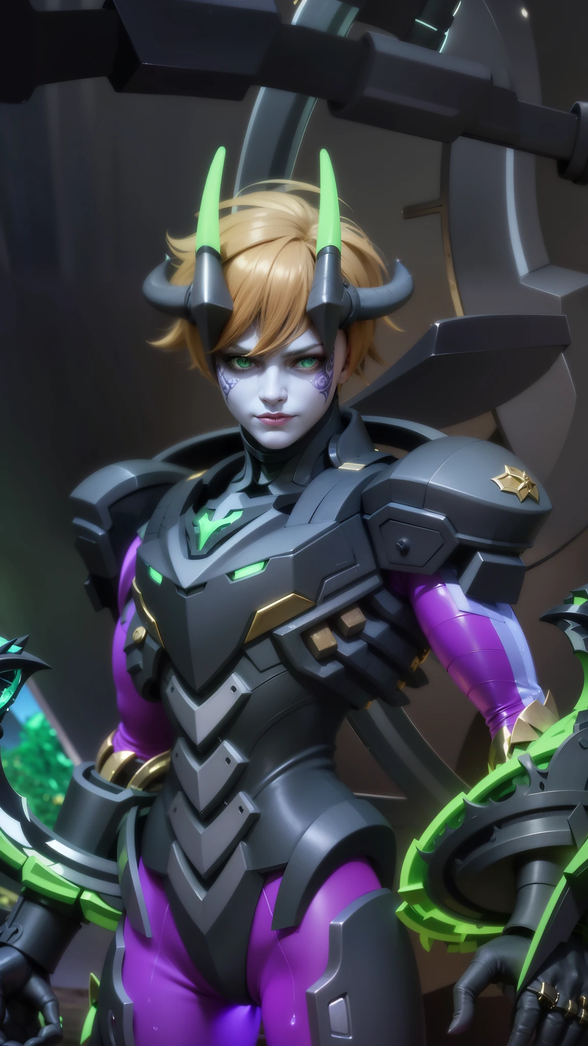 a close up of a person in a purple and green outfit, Masterpiece, ultra HD, detailed all picture, a close up of a devil, dyrroth from mobile legend, evil, extremely detailed artgerm, mobile legends character, inspired by Dyrroth, Six pack chest and abs, black jewel above the chest, light green eyes, glare.