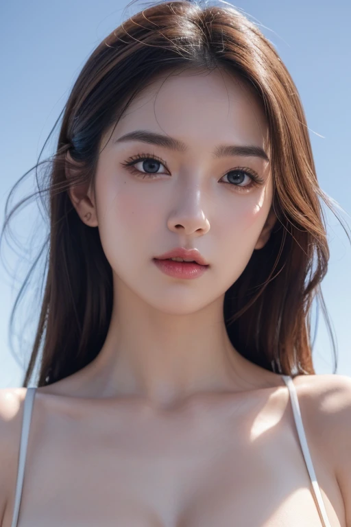 (best quality,4k,8k,highres,masterpiece:1.2),ultra-detailed,(realistic,photorealistic,photo-realistic:1.37), HDR,UHD,studio lighting,ultra-fine painting,sharp focus,physically-based rendering,extreme detail description,professional,vivid colors,bokeh,portraits, (isolation on a sky blue background:1.2), beautiful dynamic pose, (subtle lighting:1.2), realistic skin, surreal, beautiful detailed eyes and face, completely exposed chest, sexy figure with large, white breasts, a drop of glistening milk running down the corner of the mouth.