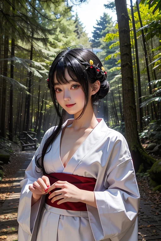 、woman、whole body、Evil Smiley Face, Red eyes, Iris, White yukata、Small breasts、forest、Shortcuts、Black Hair、hair ornaments