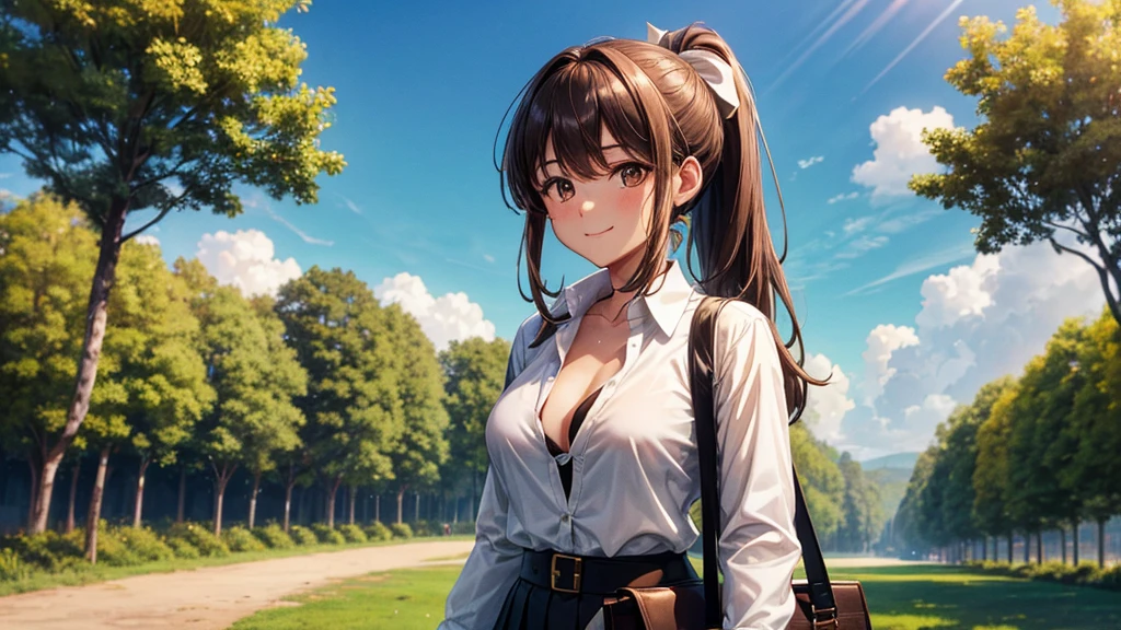 1girl, full body, solo, summer, village, trees, sun, clouds, ((brown hair)), ponytail, large breasts, ((black blazer)), button down shirt, ((white shirt)), ((unbuttoned shirt)), unbuttoning buttons, brown eyes, skirt, smile, looking at the viewer, standing, hair ribbon, golden necklate, shoulder bag
