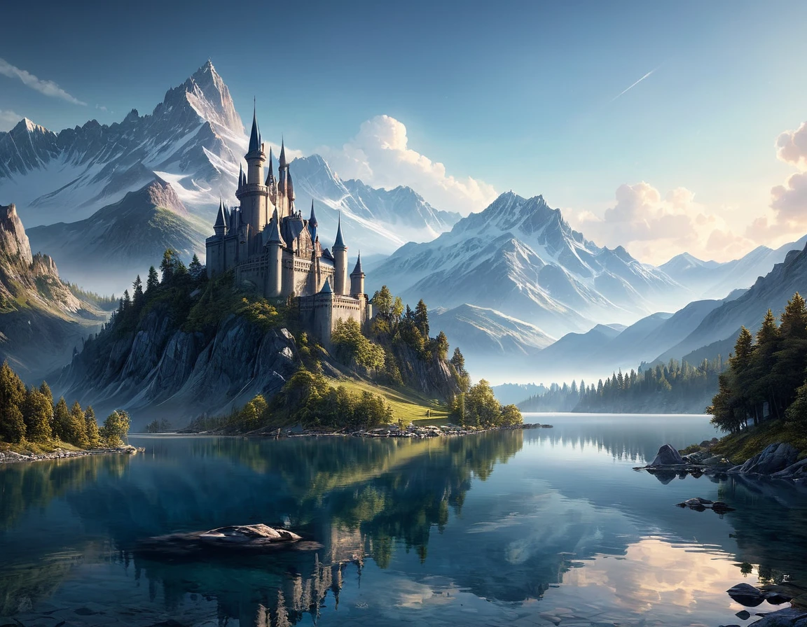 Hyper-detailed, octane rendering of a serene lake mirroring the soaring silhouettes of mountain ranges creating a stunning illusion of an ethereal castle in the distance, brought to life by a digital Ha-artist, encapsulating the essence of an imagined Utopia, volumetric, breathtaking surreal masterpiece, hyperrealism, high resolution, immersive atmosphere, dramatic lighting. Hyperdetalization. A masterpiece.