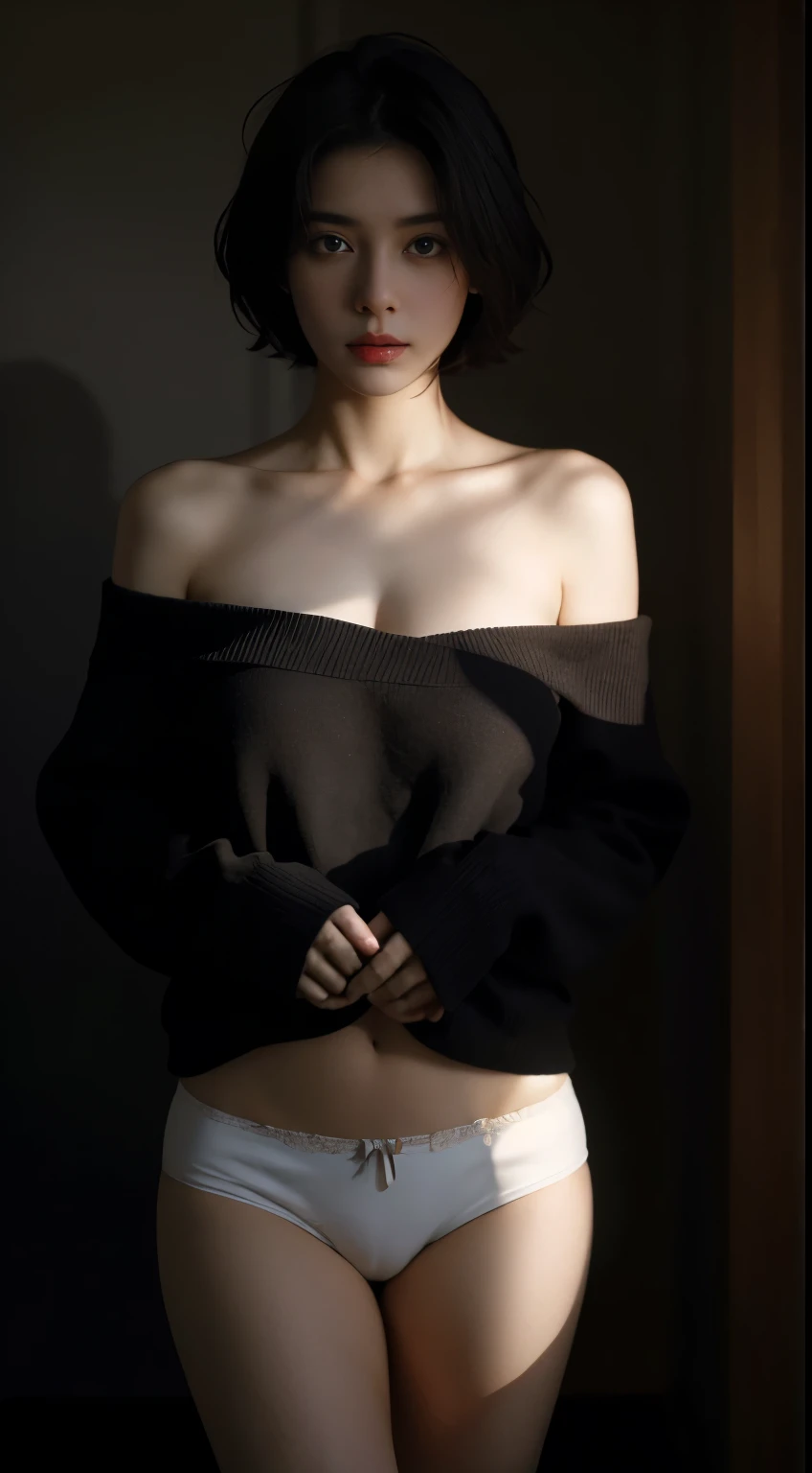 best quality, masterpiece, Ultra-high resolution, (Reality:1.5), RAW photos, 1 Girl, Off-shoulder, in the darkness, Deep Shadows, Low profile, Cold Light, Sexy look, short hair, underwear,Cat ears,