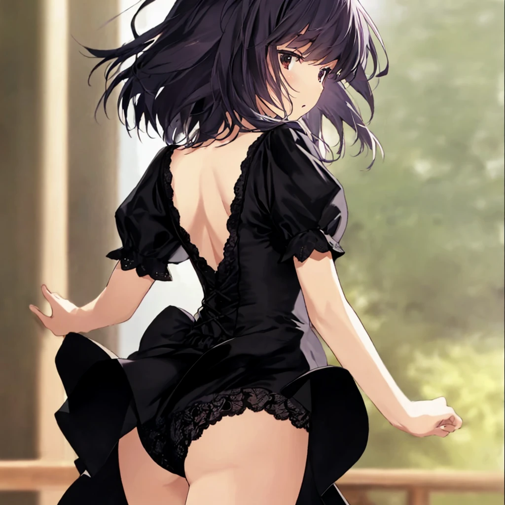 Alice Kuonji , (back shot, from behind), ass, black lace panties , black dress, (masterpiece, best quality, ultra detailed), jumping