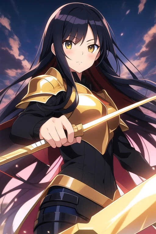 Anime girl with long black hair and gold eyes holding weapons and wearing armor