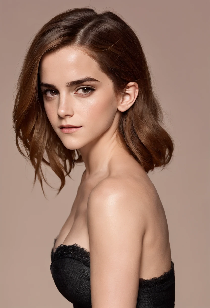 Emma Watson without clothes, no bra, pokies, puffies, big breasts, hard_nips, long hair, ample cleavage, seductive, cowboy shot, 8k, exposed breasts, huge breasts, (enormous breasts:1.3), (very thin waist:1.3), hourglass figure