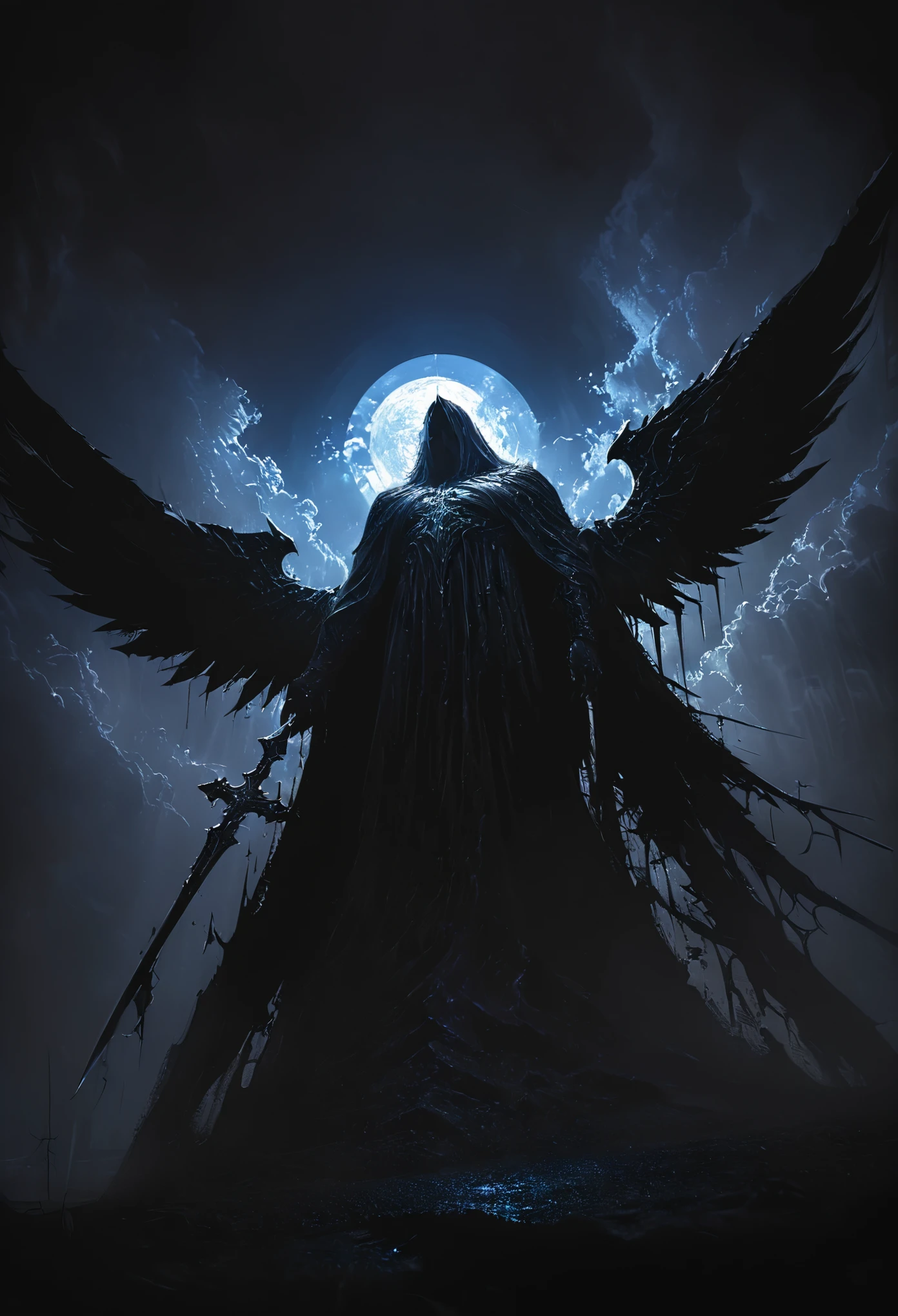 (masterpiece, best quality: 1.2), angel underground, broken wings, holding a blue silver crucifix, moonlight, ominous clouds, dark fantasy illustration style, dark arts, high contrast, dark shadows, atmospheric perspective , melancholic colors, cinematic composition, volumetric lighting, numbers, brush strokes, dramatic lighting, low angle, surrealism, super detailed, hyperrealism