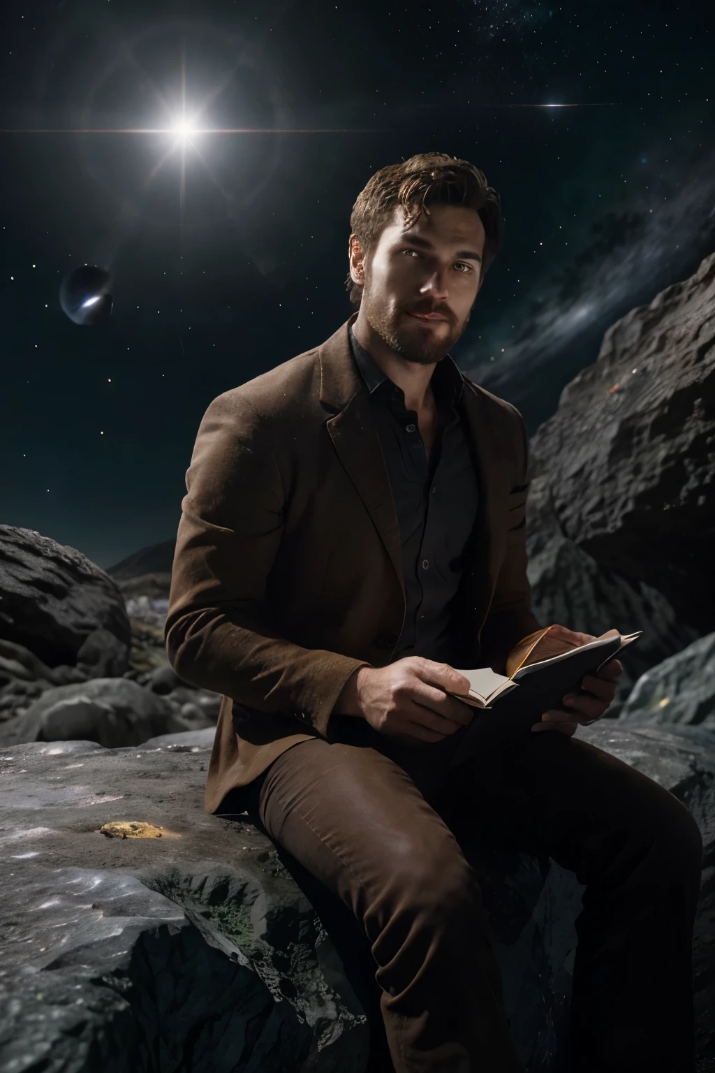 Draw a young programmer, sitting on a research platform floating in the middle of an asteroid belt. He is studying with a notebook, surrounded by several asteroids glowing with fiery auras. Dramatic lighting from distant stars and planets illuminates the scene, casting deep shadows on the suit. The young man looks confident and determined, looking at the vast and mysterious universe with wonder and respect,facial hair, cowboy shot,