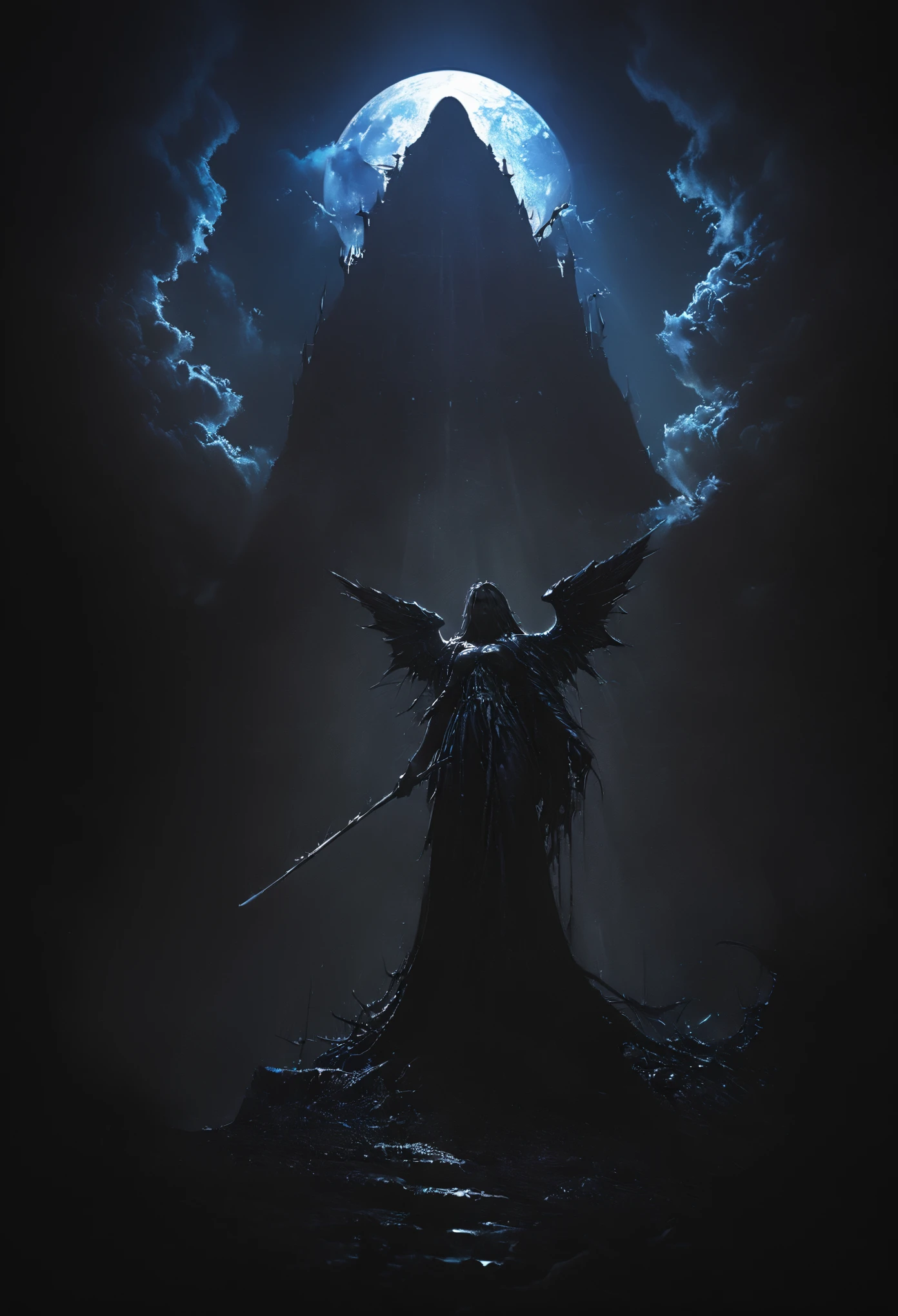 (masterpiece, best quality: 1.2), angel underground, broken wings, holding a blue silver crucifix, moonlight, ominous clouds, dark fantasy illustration style, dark arts, high contrast, dark shadows, atmospheric perspective , melancholic colors, cinematic composition, volumetric lighting, numbers, brush strokes, dramatic lighting, low angle, surrealism, super detailed, hyperrealism