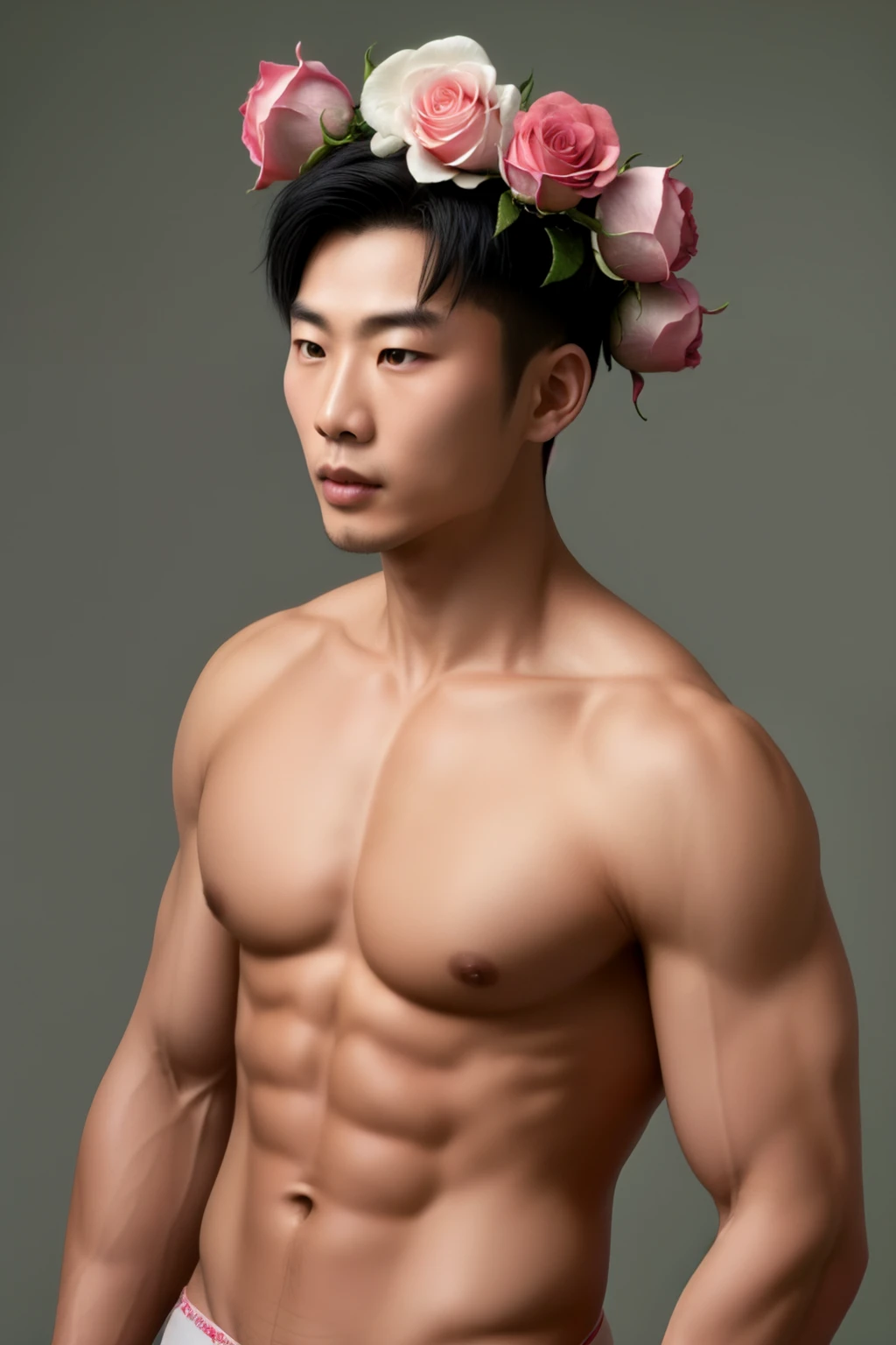 best quality,masterpiece,Ultra high detail,A handsome muscular Chinese man,Short black hair, topless, rose Flowers on his shoulder, With rose flowers in his black micro thong, realistic, Grey background, red, pink and white rose flowers, flowers on his head