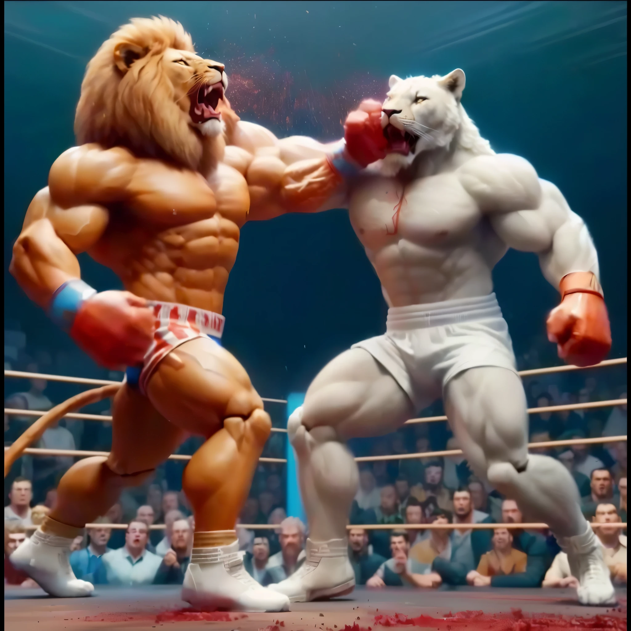 there are two action figures of a lion and a lion fighting, hyper - realistic vfx render, 3 d animated movie, epic fight scene, amazing cgi, vray and arnold, fights, close-up fight, epic fights, hyperrealistic vfx render, youtube thumbnail, hyper realistic vfx simulation, epic vfx shot, epic fight, fight scene, muscular characters, incredible vfx