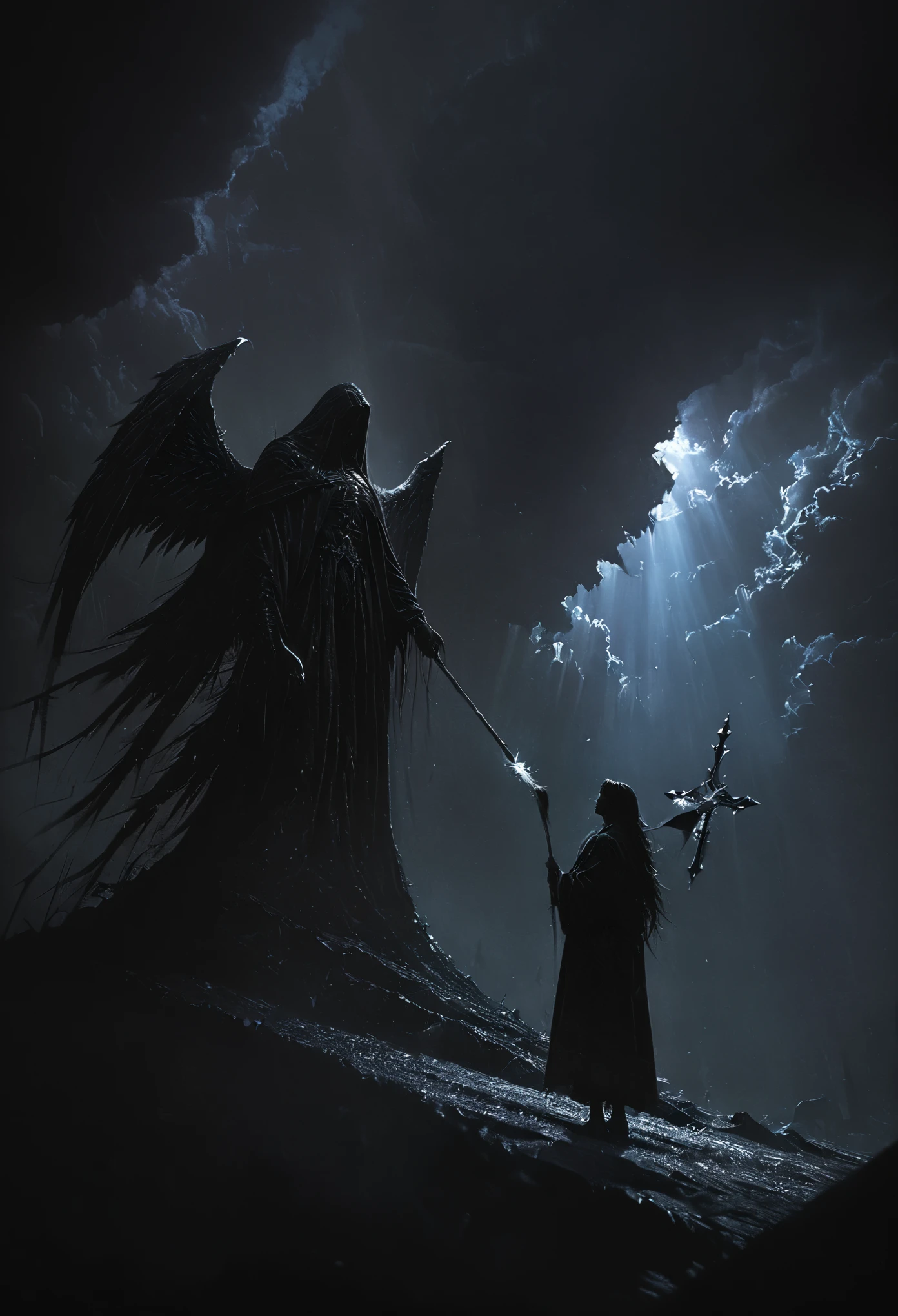 (masterpiece, best quality: 1.2), angel underground, broken wings, holding a blue silver crucifix, moonlight, ominous clouds, dark fantasy illustration style, dark arts, high contrast, dark shadows, atmospheric perspective , melancholic colors, cinematic composition, volumetric lighting, numbers, brush strokes, dramatic lighting, low angle, surrealism, super detailed, hyperrealism