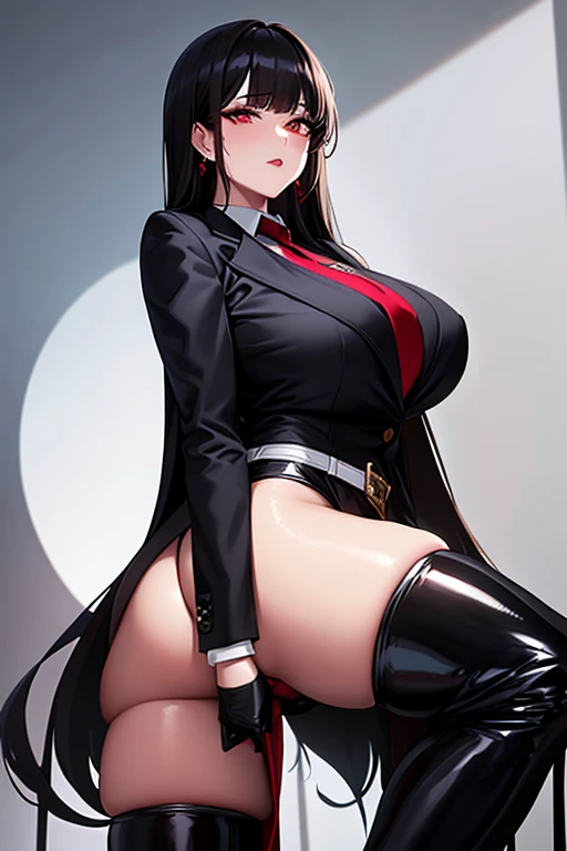 {pant suit}, ((black pant)), black suit, chest harness, black business suit, black vest, cameltoe, (( black business shirt)), red necktie, red stall, gold buckle belt, black hair, long hair, tall female, lip gloss, red lips, latex, Sheer black shirt, red necktie, red eye, long coat, thick thighs, bangs, red nail, red gem earrings, huge , big ass, enormous breasts, plump, (thigh belt), muscular thighs, gigantic breasts, shiny clothes, detail face, gold buckle belt,