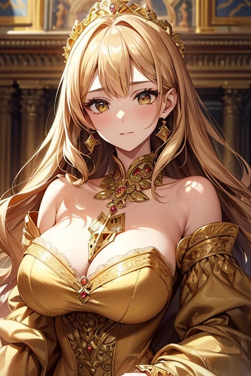 Extremely detailed, solo, Perfect Face, Beautiful face, Highly detailed face,(Mastepiece), (Best Quality)、Woman in gold dress, Wearing a gossamer gold dress, medieval dress yellow ochre, Golden Dress, Rococo dress, Royal Gown, The most beautiful woman in the world、Best Style、Perfect Style、Big Breasts、Upper Body