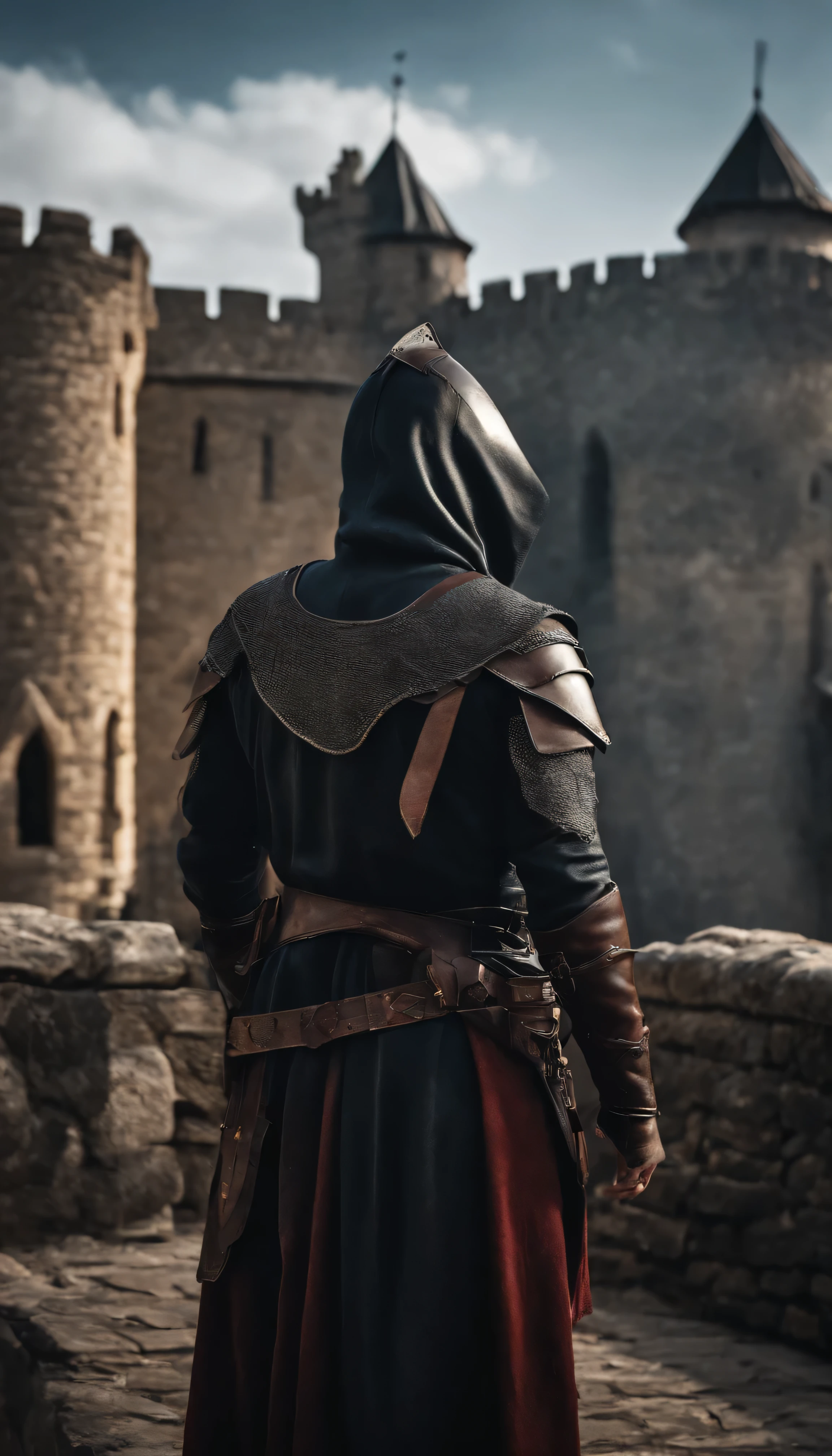 Realistic, 4k, rogue assasin with leather armor, Hood on head in roof of a medieval castle viewing down to peoples background image (caos)