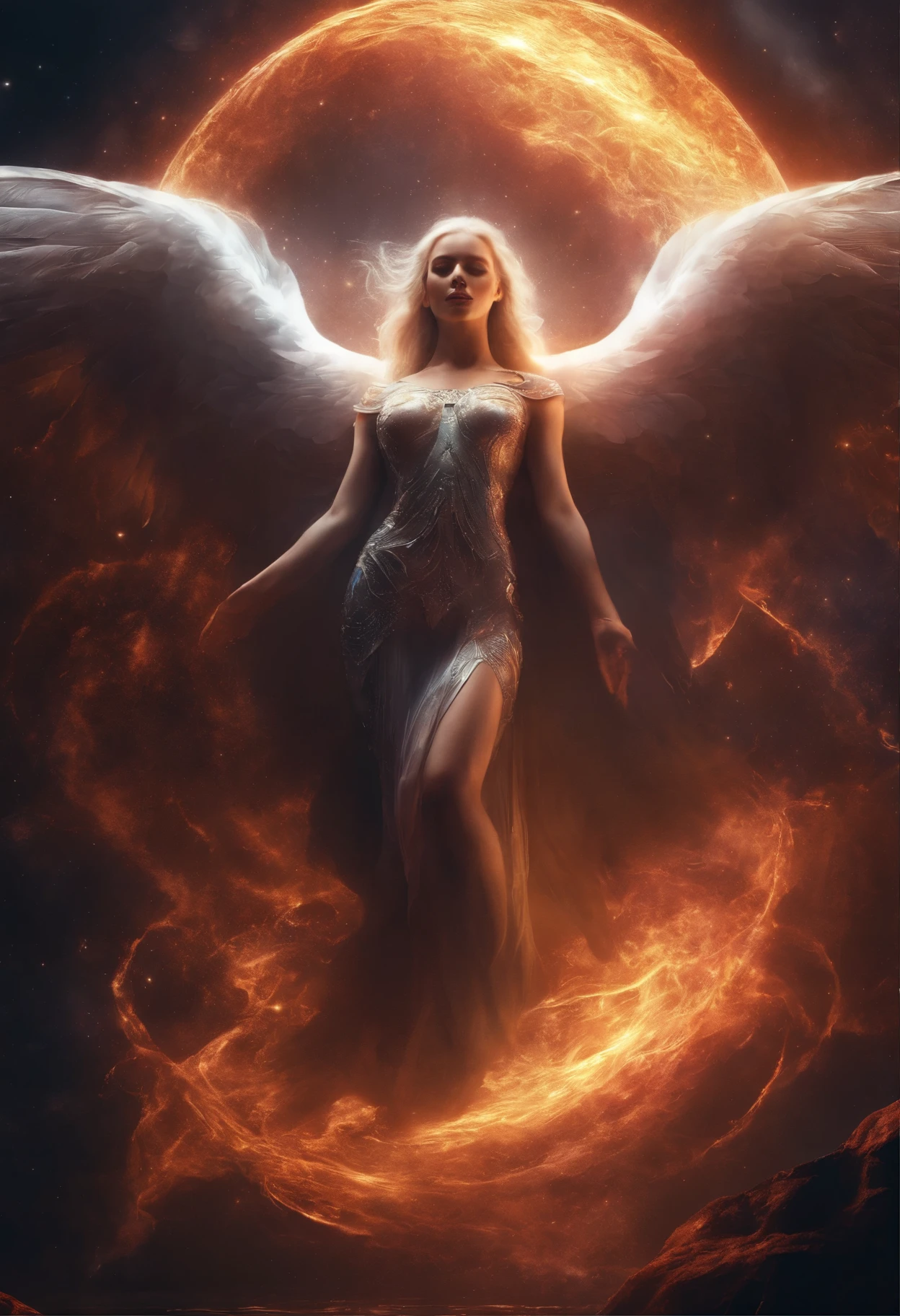 cosmic fallen angel, Glowing eyes, biology, weird, crawl, nightmarish, Very bright colors, Light Particles, Glowing light, Mshiv, Wallpaper Art, Ultra HD Wallpaper,The whole body is emitting holy white light,Beautiful body curves
