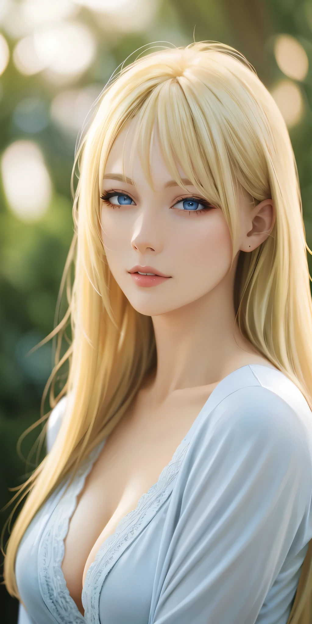 Gorgeous adult woman, long neck, long blonde hair, bang, casual clothes, cleavage, soft light, high quality, 4k resolution