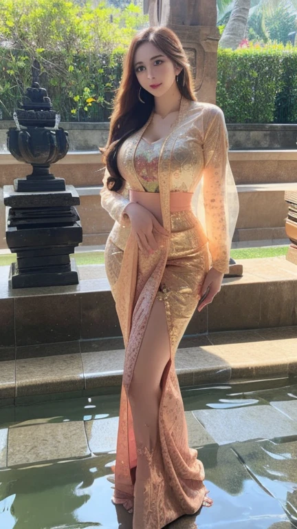masterpiece, ultra realistic,32k,intricate details, sharp focus, realistic, closed, seductive pose, black eyes, jewelr, lips, realistic, looking_at_viewer, irene1, wet skin, shiny skin, long sleeves, indonesian clothes, bali, balinese, cityscape, dynamic pose, red kebaya,full body,busty body,curvy body,long hair,beauty face,cowboy shot