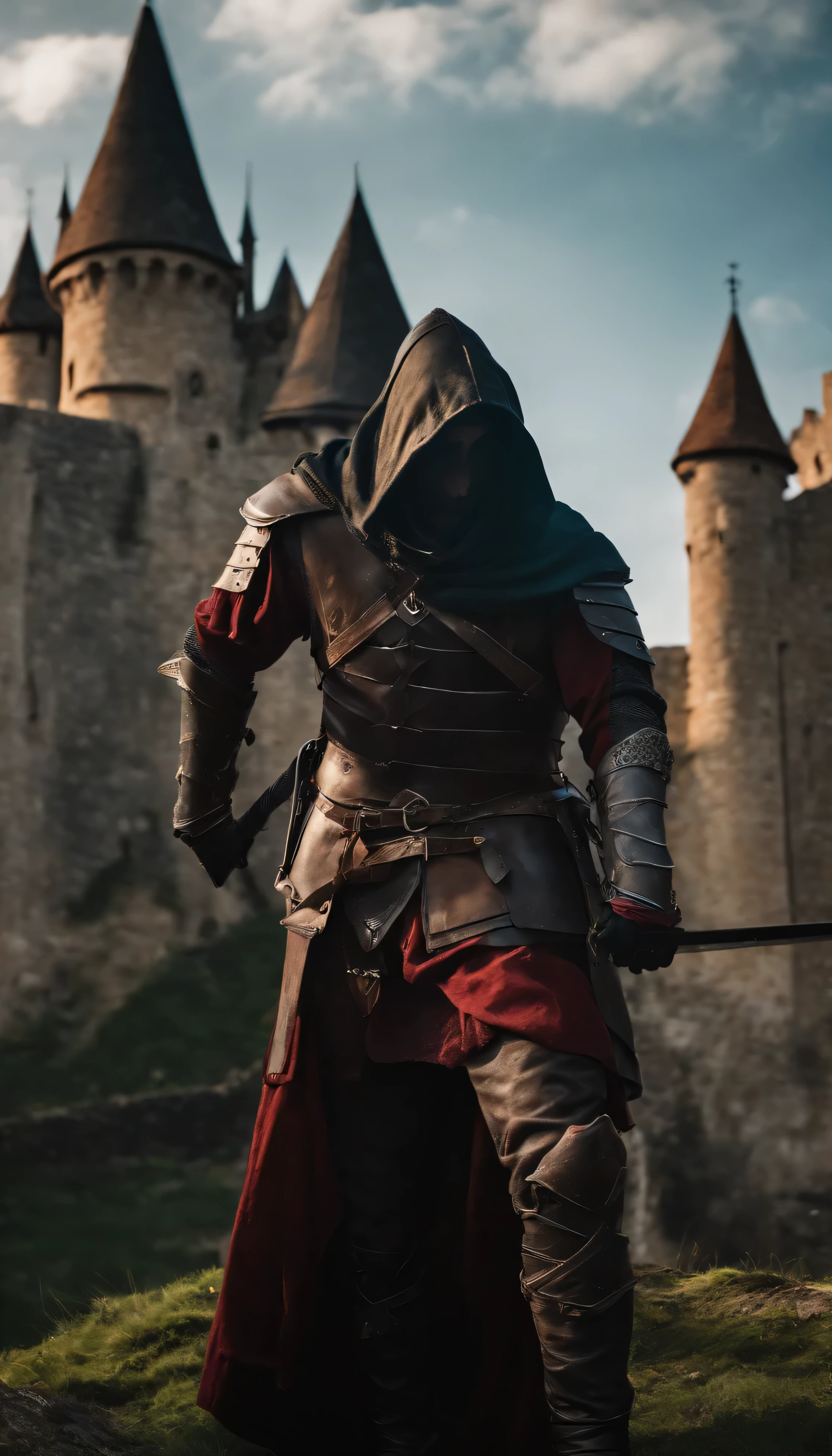 Realistic, 4k, rogue assasin with leather armor, Hood on head stabbing civilians in roof of a medieval castle viewing down to peoples background image (caos)