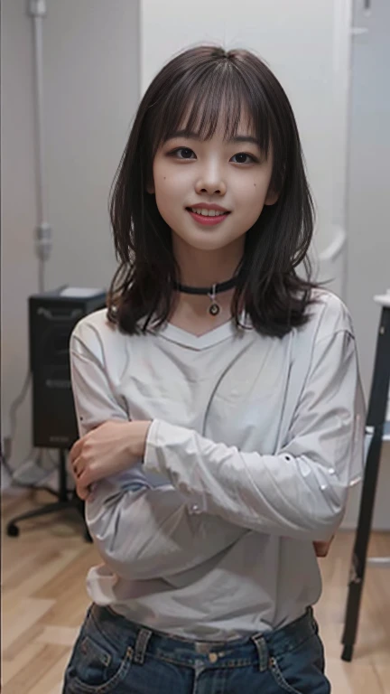 (masterpiece, Highest quality, high resolution, Very detailed, The original:1.2),17 year old girl,slim,Thin,Feel free to hairstyle,Random Expression,Dark grey collar,White (Long sleeve / Short sleeve) Strike a pose,street,Dark gray bow tie on hair,Smile,No makeup,(Practical:1.4),Office Background,