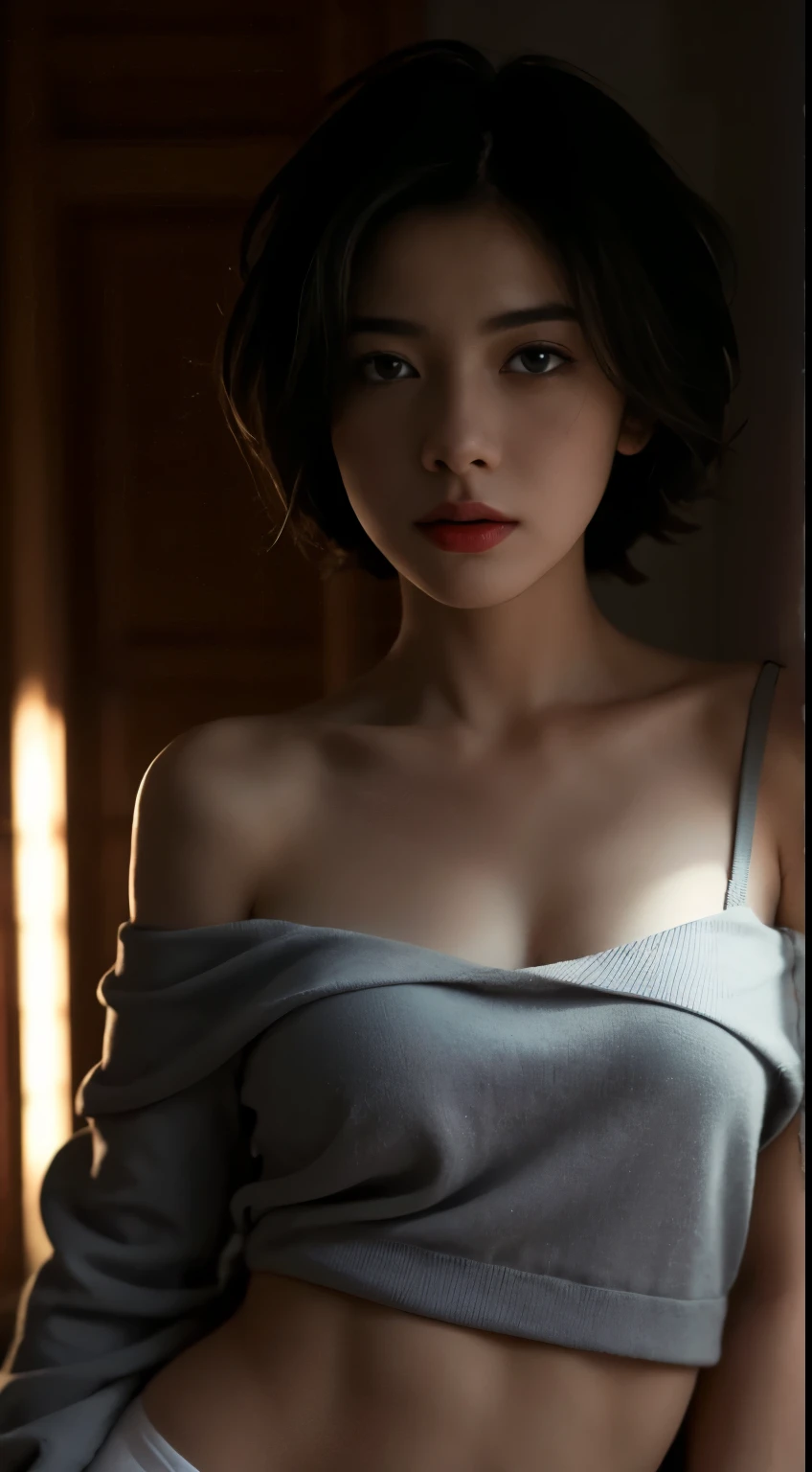 Best quality, masterpiece, ultra high res, (photorealistic:1.5), raw photo, 1girl, offshoulder, in the dark, deep shadow, low key, cold light, sexy look, short hair, underwear