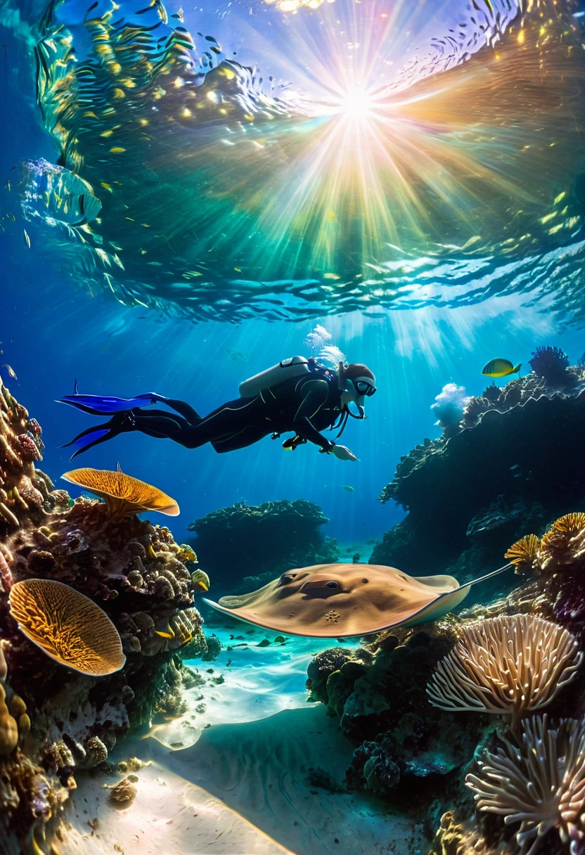 (A diver swims towards a large stingray:1.2), lush marine flora, fish, corals, anemones, colourful diversity, turquoise water, sunlight shines brightly on the scenario, God's rays refract on the surface of the water, calm mystical sublime atmosphere, 