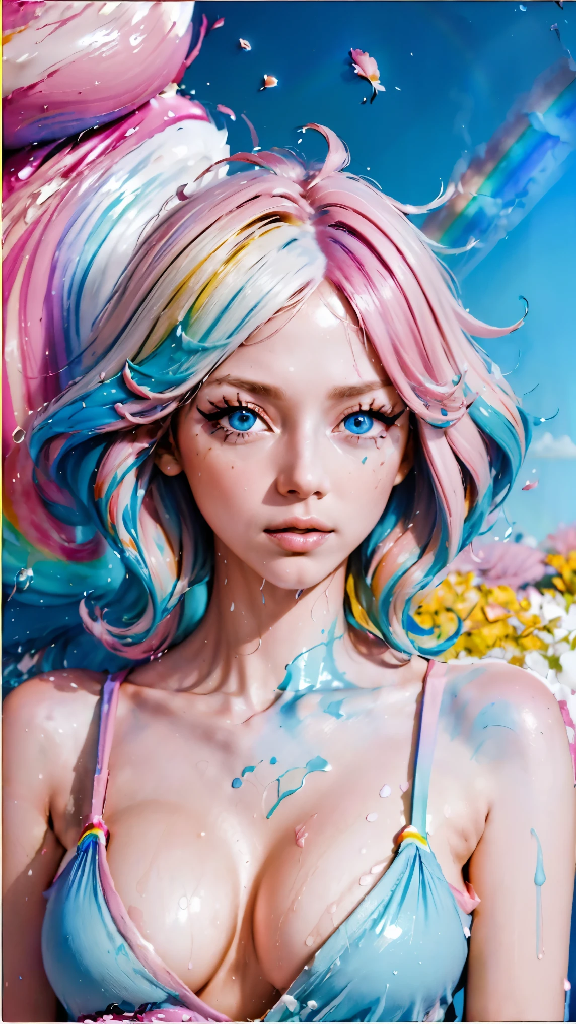 (Pink fashion T-shirt:1.9),(colored hair:1.8),(All colors of the rainbow:1.8),(((vertical painting:1.6)),(:1.6),front,comics,illustration,,big eyes,crystal clear eyes,super gigantic ，Breasts are very very huge，Straight chest，Big breasts，Close-up of cleavage，(Rainbow colored semi-long hair:1.7),exquisite cosmetics,Shut your mouth,(Small fresh:1.5),(Wipe your chest:1.6),long eyelashes,White shoulder T-shirt。,White shoulder sleeve shirt,looking at the audience,blue eyes,(rainbow colour hair:1.6),color splotches,(solo:1.8),color splotches,color splotches,color explosion,Thick lacquer style,Messy lines,((Shiny),(color),(color),(color),(color),color,Thick lacquer style,(color splotches),(color)splash,vertical,Upper body,Paintworksplash,acrylic paint,gradient,Paintwork,Highest image quality,highest quality,masterpiece,solo,depth of field,Topcoat,Colorful clothes,(grace:1.2),gorgeous,lwind, (Elegant: 1.3), (Petals: 1.4)，(((masterpiece))),(((best quality))),((ultra-detailed)),(illustration),(dynamic angle),((floating)),(paint),((disheveled hair)),(solo),(1girl) , (((detailed anima face))),((beautiful detailed face)),collar,bare shoulders,blue hair, ((colorful hair)),((streaked hair)),beautiful detailed eyes,(Gradient color eyes),(((colorful eyes))),(((colorful background))),(((high saturation))),(((surrounded by colorful splashes))),(((colorful background))),(((high saturation))),(((surrounded by colorful splashes))),(((colorful background))),(((high saturation))),(((surrounded by colorful splashes))),