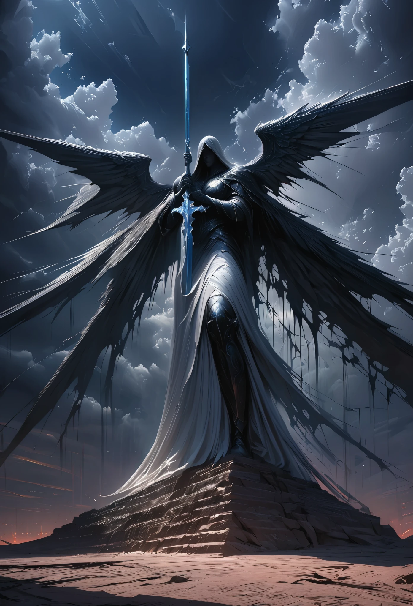 (masterpiece, best quality: 1.2), angel underground, broken wings, holding a blue silver crucifix, moonlight, ominous clouds, dark fantasy illustration style, dark arts, high contrast, dark shadows, atmospheric perspective , melancholic colors, cinematic composition, volumetric lighting, numbers, brush strokes, dramatic lighting, low angle, surrealism, super detailed, hyperrealism