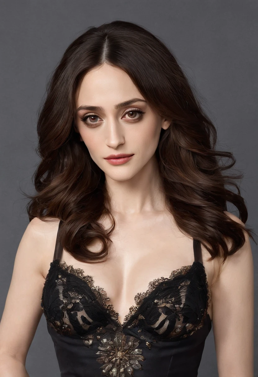 Emmy Rossum without clothes, no bra, pokies, puffies, big breasts, hard_nips, long hair, ample cleavage, seductive, cowboy shot, 8k, exposed breasts, huge breasts, (enormous breasts:1.3), (very thin waist:1.3), hourglass figure