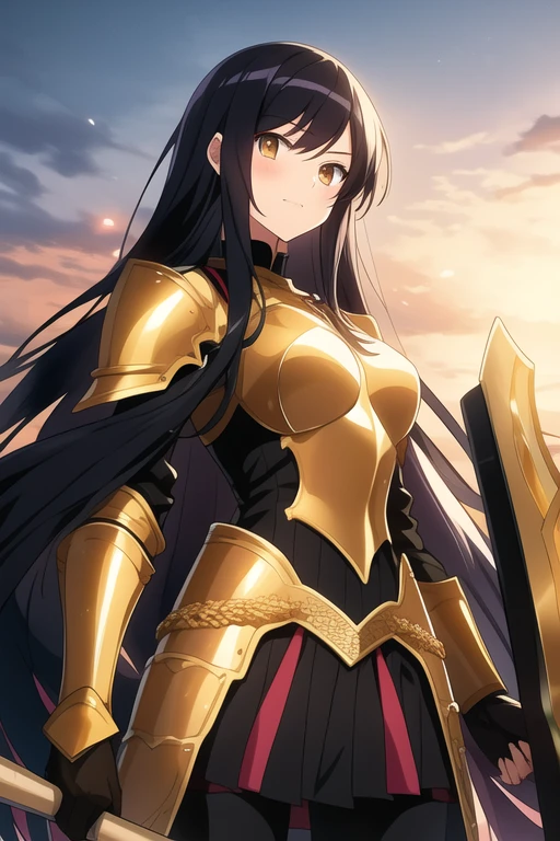 Anime girl with long black hair and gold eyes holding weapons and wearing armor
