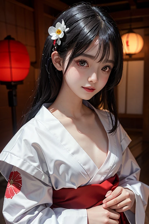 17 years old、woman、whole body、Evil Smiley Face, Red eyes, Iris, White yukata、Small breasts、Japanese Castle、Shortcuts、Black Hair、hair ornaments、
