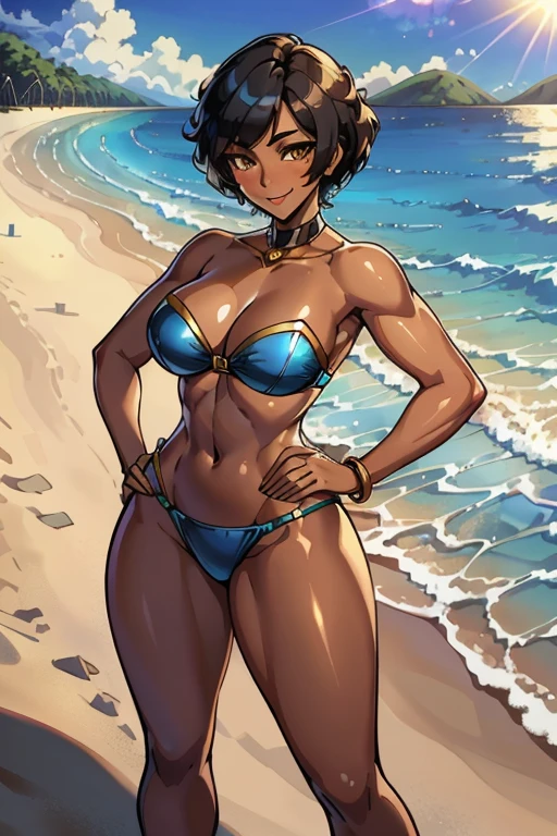 8K, (best quality:1.3), (masterpiece:1.3), (detailed:1.2), 1girl, solo, ((26 year old:1.3, Filipino Woman:1.3, short black hair:1.3, Amber eyes:1.2, Detailed face, Detailed eyes, tanned bronze skin:1.08, agile physique:1.08, Perfect Anatomy, (mature female),(shiny skin), (Wearing: Strapless Blue bikini bra, Blue Bikini bottom:1.2)), (Character Focus),Perfect Anatomy,(Professional Lighting), Looking at Viewer, (hands on hips), (Smiling),blush,(super detailed skin), dynamic pose, (Background: outdoors, beach of the Philippines), full body,
