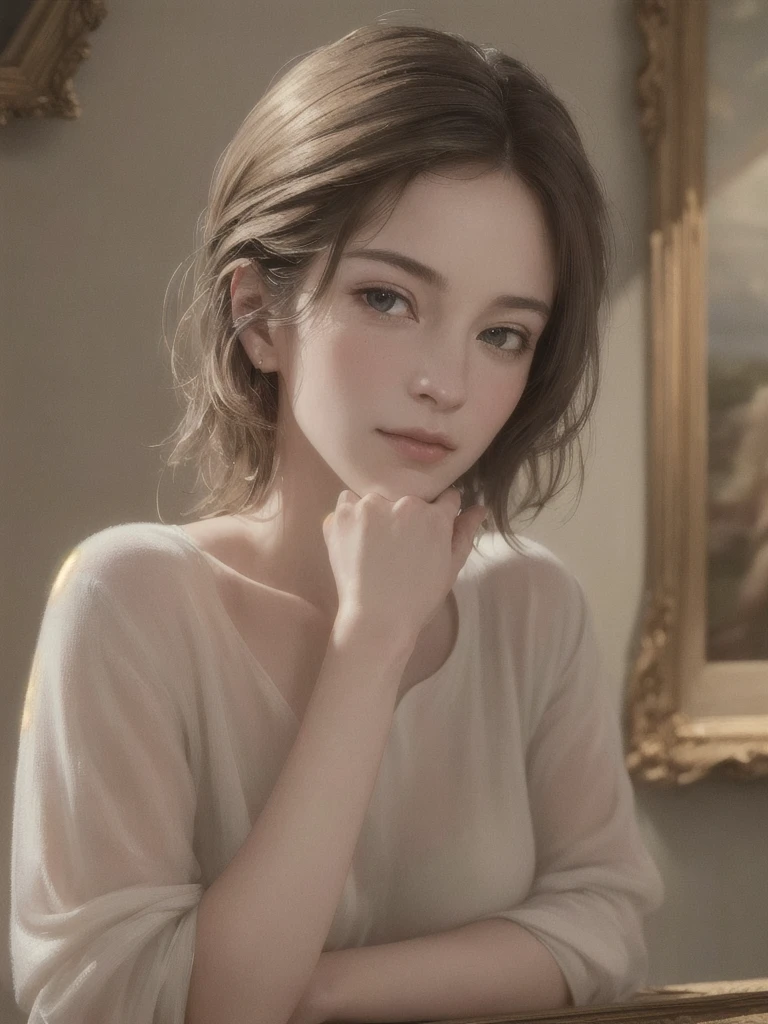 "(best quality,4k,8k,highres,masterpiece:1.2),ultra-detailed,(realistic,photorealistic,photo-realistic:1.37),oil painting,subtle colors,long brushstrokes,soft lighting,classic portrait,serene backgrounds,detailed hands,subtle expression,sharp focus,delicate knife,sophisticated,calm,artistic,quiet atmosphere"