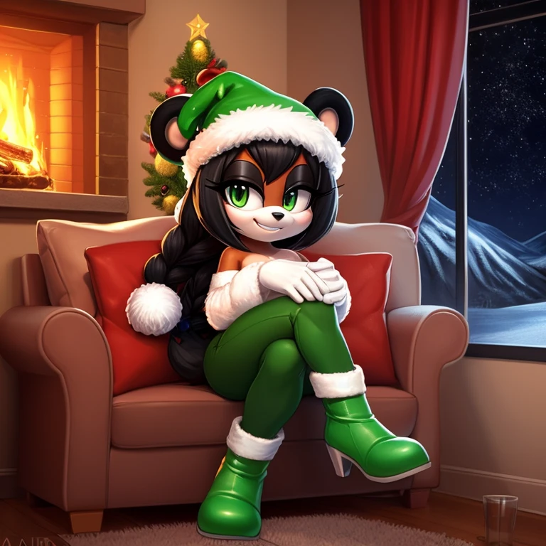 [Yaya Panda], [Uploaded to e621.net; (Pixelsketcher), (wamudraws)], ((masterpiece)), ((HD)), ((solo portrait)), ((full body)), ((front view)), ((feet visible)), ((furry; anthro)), ((detailed fur)), ((detailed shading)), ((beautiful render art)), ((intricate details)), {anthro panda; white fur, (black fur on arms), (black fur on legs), black nose, (cute green eyes), (short eyelashes), (black eyeshadow), (long black hair), (braided hair), (curvy hips), (beautiful legs), (blushing), (cute grin)}, {(short strapless green dress), (wool lining on dress), (green pants), (green boots), (heels), (white gloves), (christmas hat)}, {(on couch), (crossed legs), (looking at viewer)}, [background; (living room), (christmas tree), (christmas decor), (fireplace), (window), (snow), (nighttime), (starry sky), (ambient lighting)]