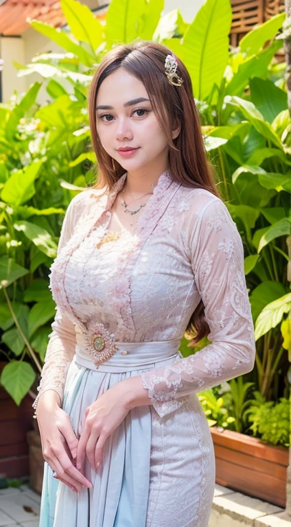 1 malay girl, vibrant brown hair color, shy, medium portrait shot, watery eyes, roopy eyes, watery, lip glossy, sad face, smiling ((medium breast)), wear java wedding woman in kebaya blue color, flower garden background, bokeh background, proportional body, looking at camera