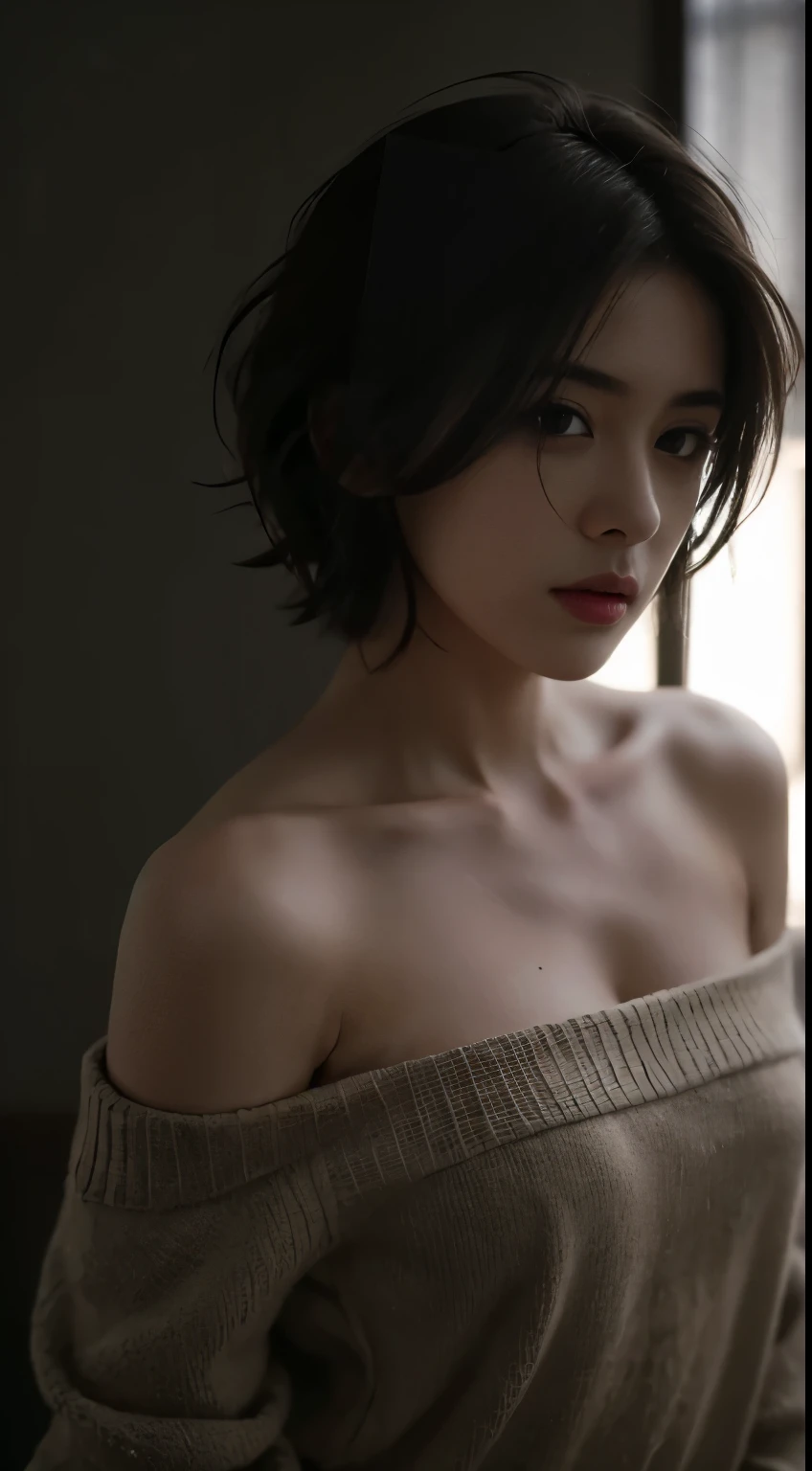 Best quality, masterpiece, ultra high res, (photorealistic:1.5), raw photo, 1girl, offshoulder, in the dark, deep shadow, low key, cold light, sexy look, short hair, underwear