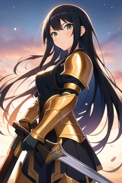 Anime girl with long black hair and gold eyes holding weapons and wearing armor