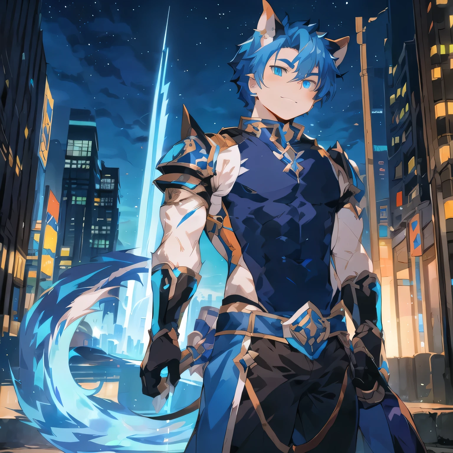 Orc blue hair anime character holding a sword, Trigger anime art style, High resolution commissions, Main Animation Art, Official Character Art, Tall anime man with blue eyes, Keqing from genshin impact, Total commission, Hero 2D Fanart Art, , Hero pose colorful city lights, Cool Anime 8K, official art