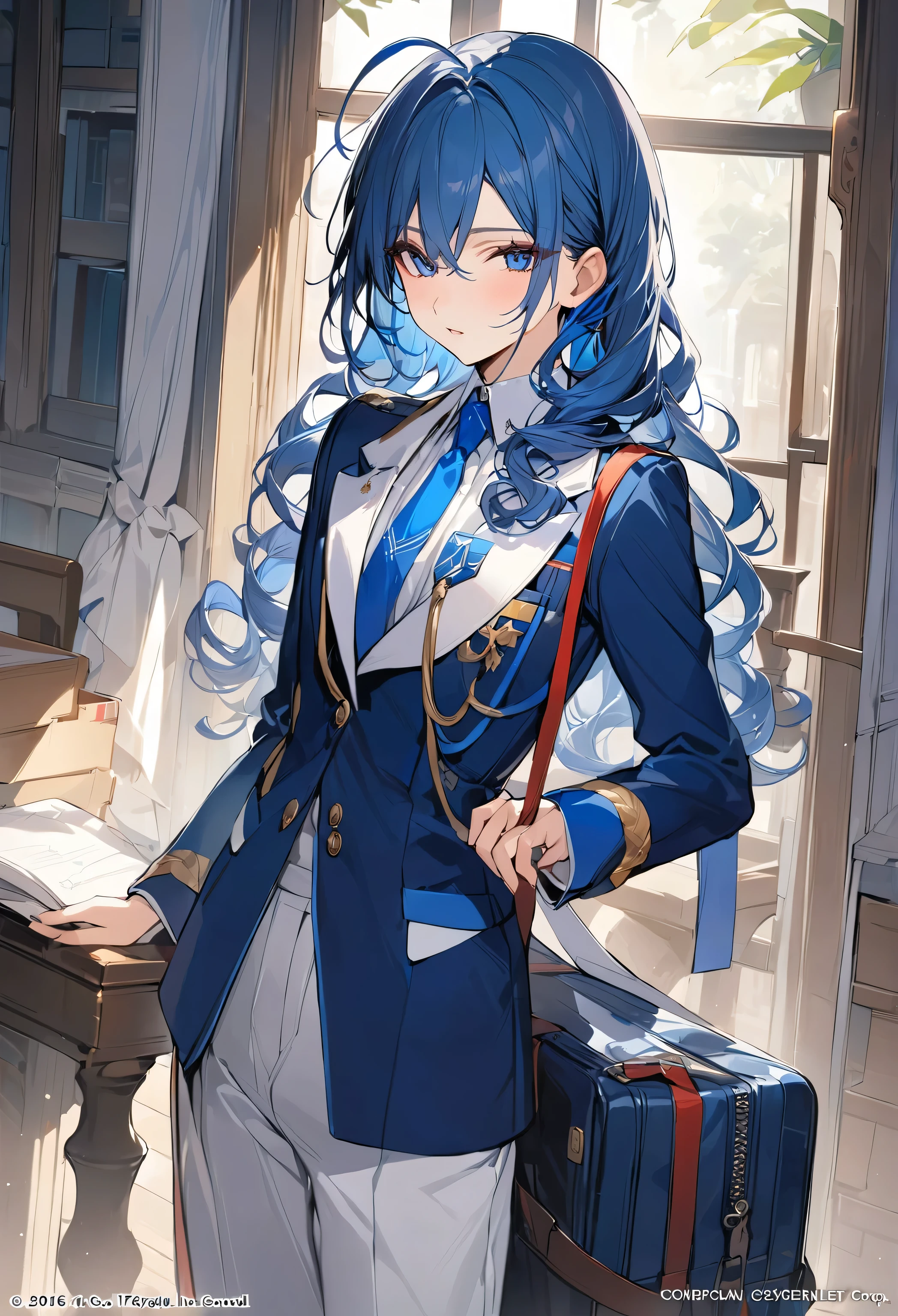 whole body,student,Blue long hair,Ahoge,Curly hair,Handsome,uniform,male,,Student Council President,White,(masterpiece, highest quality), Very detailed, highest quality, Official Art, beautifully、beautiful: 1.2), (1 girl), Very detailed, (masterpiece, highest quality), Official Art, beautifully、beautiful: 1.2), (1 girl), Very detailed,