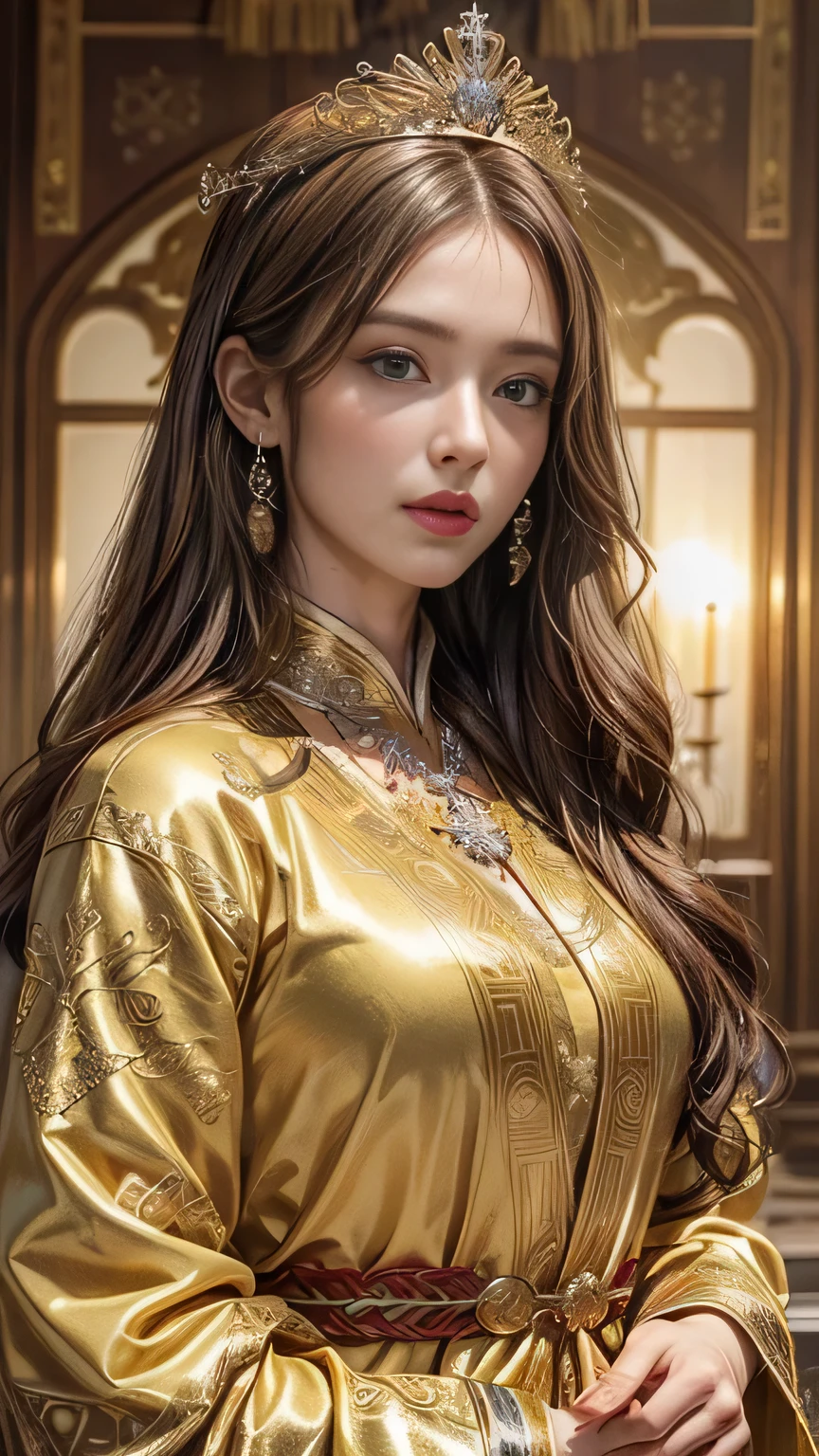 (highest quality,Very detailed,Realistic:1.37),Greek god tales, 女god, god々Queen of, Perfect facial balance, Fine grain, flowing golden hair, Vivid and smooth, Wearing elegant robes decorated with intricate patterns.