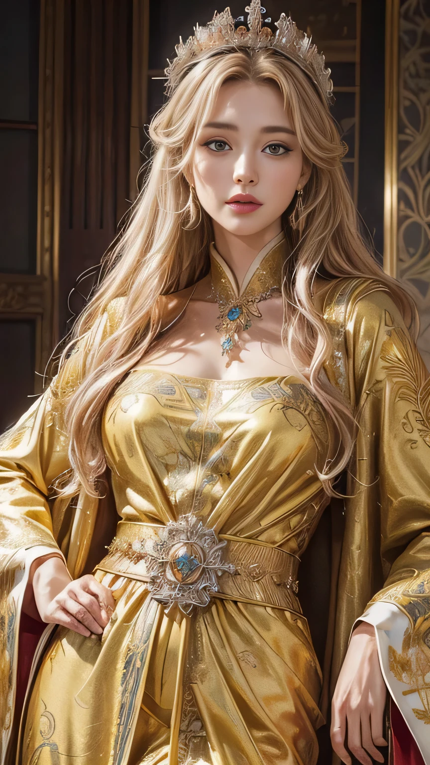(highest quality,Very detailed,Realistic:1.37),Greek god tales, 女god, god々Queen of, Perfect facial balance, Fine grain, flowing golden hair, Vivid and smooth, Wearing elegant robes decorated with intricate patterns.