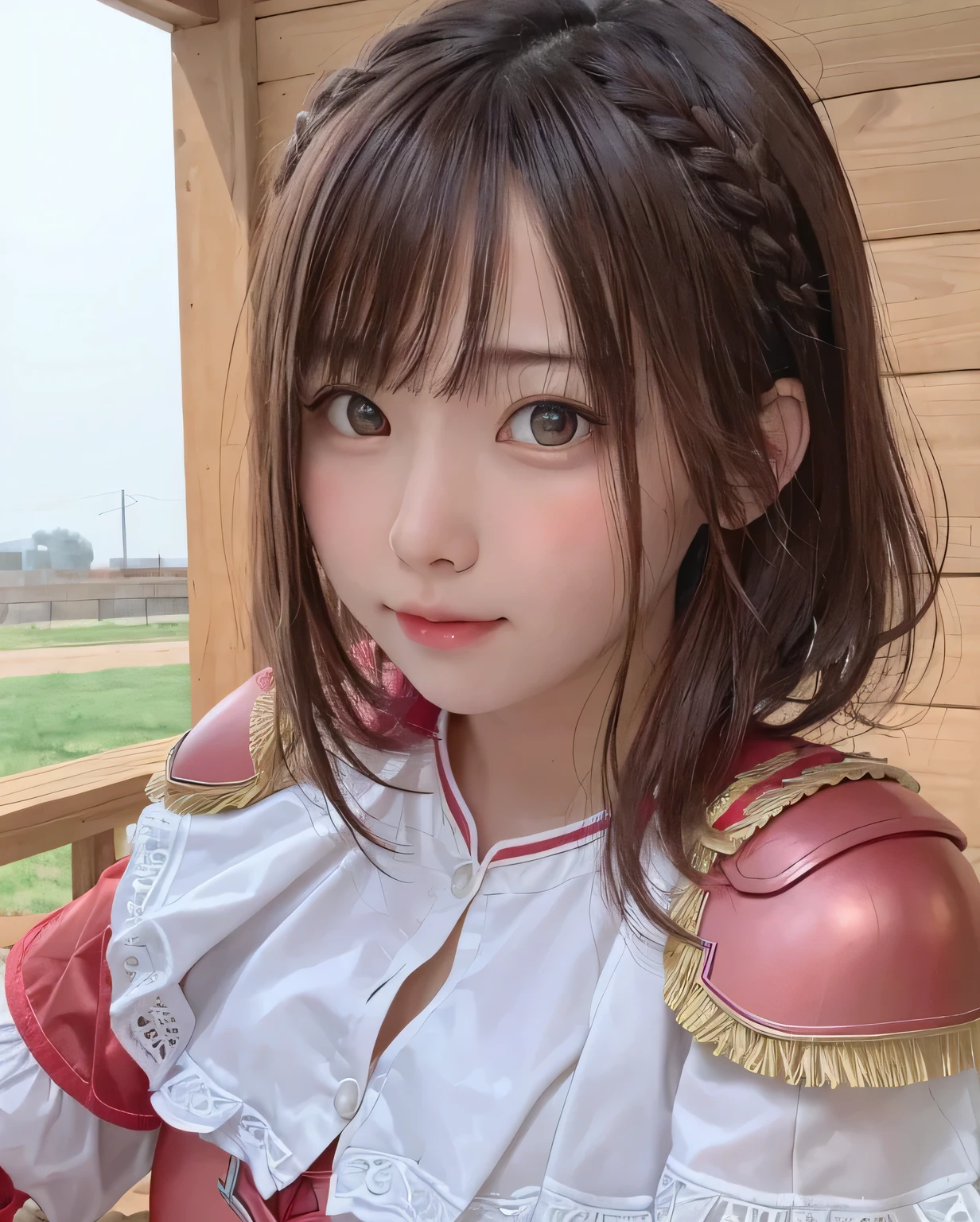 8K、highest quality、1 Girl、()、(Face shot close up:1.3)、、Flat Body、cute、 View your viewers, blush, bangs, gloves, Upper Body, Braiding, hair band, Outdoor, Lips parted, null, Day, , Pink Eyes, ((Wearing red armor)), wood, , Blurred Background, , side Braiding,
