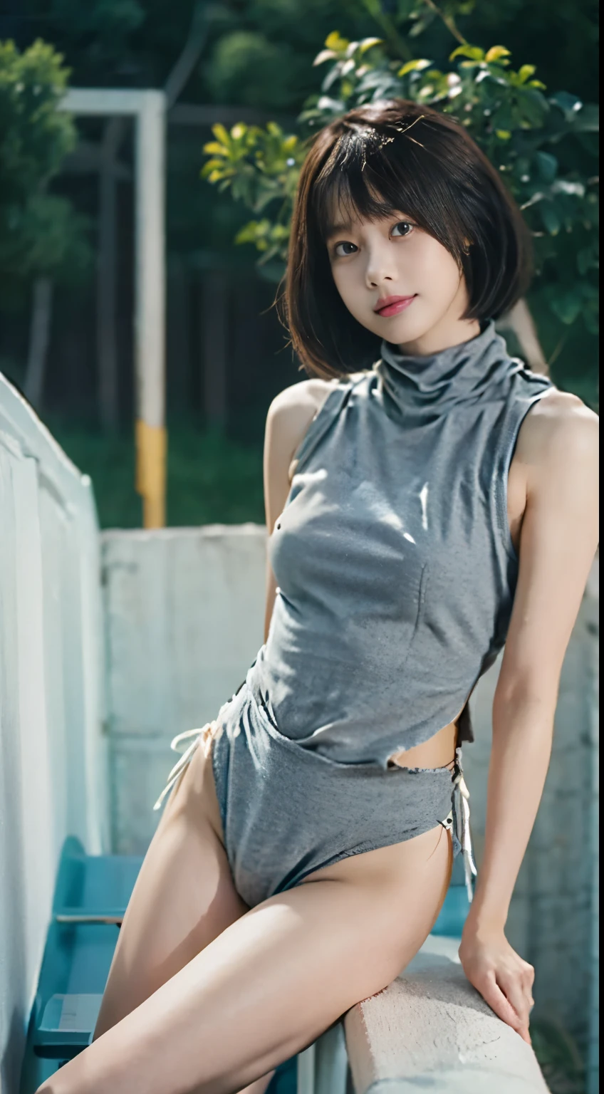 Pieces fly、highest quality、An illustration、Super quality、Are you okay、High resolution、8k wallpaper、Perfect dynamic composition、(((Whole Body Ezbian)))、((From below))、Cute 20 year old girl、Beautiful face in every detail、Small and cute eyes、Fine skin、Blushed、shy、(Shortcuts:1.3)、(Wavy brown hair)、Small breasts、Bold sexy pose、smile、(Sleeveless、Navel exposed、Fitted turtleneck)、Hot Pants String Street、Small breasts、Between the legs、Small Ass、Thin ass、Please generate on the eaves.、Narrow shoulders、In underwear、