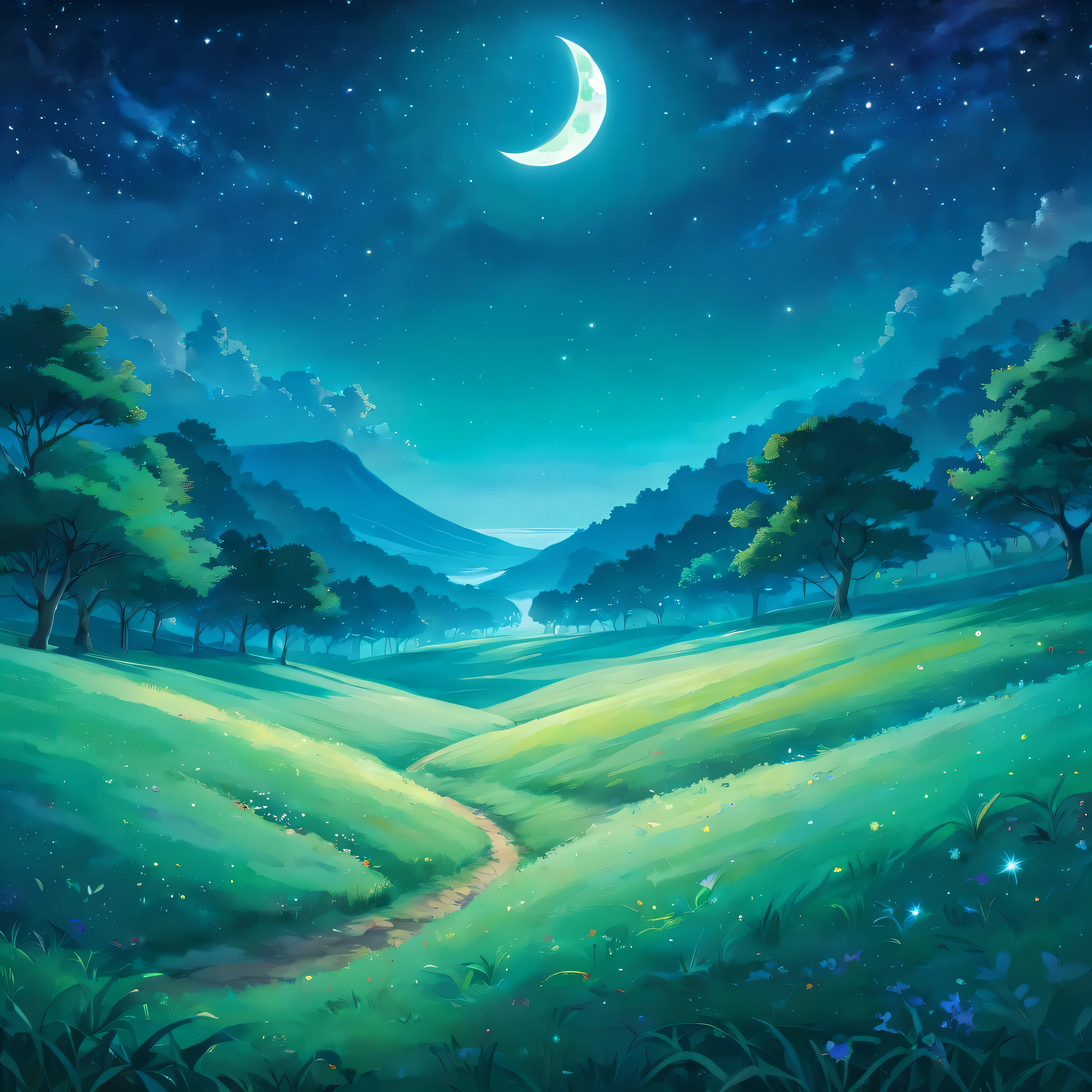 (best quality), (masterpiece), (high resolution), (intricate details:0.2),(professional lighting), As twilight fades into the embrace of night, a tranquil scene unfolds beneath the canopy of a vast, star-studded sky. The landscape, bathed in the soft glow of moonlight, exudes an ethereal beauty that captivates the senses.Stretching out before us is a lush carpet of emerald green grass, its blades swaying gently in the whispering breeze. Each blade seems to dance in harmony with the rhythm of nature, creating a mesmerizing symphony of movement.Above, the heavens unfold like a celestial tapestry, adorned with countless twinkling stars. The Milky Way, a shimmering band of light, cuts a swath across the velvety expanse, weaving tales of ancient constellations and forgotten legends.The moon, a luminous orb suspended in the inky depths, casts its silvery light upon the landscape below. Its gentle radiance bathes everything it touches in a soft, otherworldly glow, casting long shadows that dance across the grass like fleeting specters.In the distance, the silhouette of towering trees rises against the night sky, their branches reaching towards the heavens like the outstretched arms of ancient guardians. Their leaves rustle softly in the breeze, whispering secrets passed down through generations.As we gaze upon this breathtaking scene, a sense of peace washes over us, enveloping us in its warm embrace. In this moment, time seems to stand still, and the worries of the world fade into insignificance.And there, nestled amidst the beauty of the night, two figures rest upon the grass, their forms illuminated by the soft glow of the moon. With heads tilted back and eyes closed in serene repose, they appear as if in a deep slumber, oblivious to the world around them.Their faces are serene, bathed in the silver light of the moon, and their breath comes slow and steady, in perfect harmony with the gentle rhythm of the night. In this moment of quietude, they seem at one with the univ
